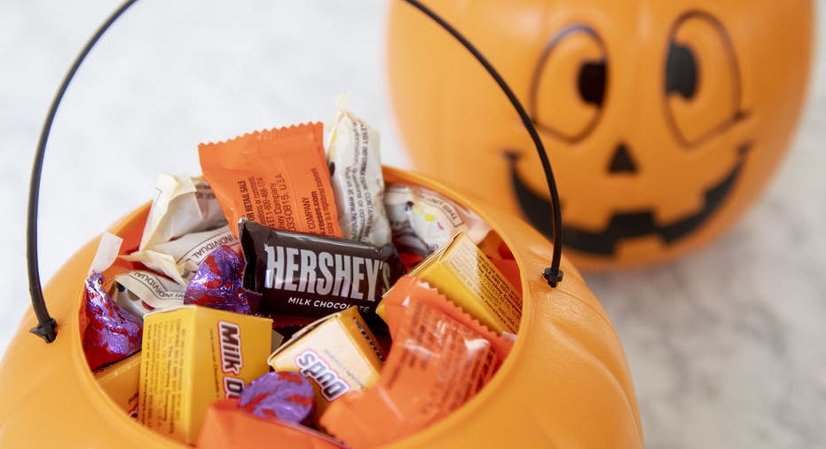 Halloween candy in trick-or-treat bucket