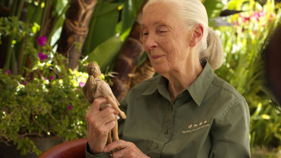 Jane Goodall holds Barbie doll