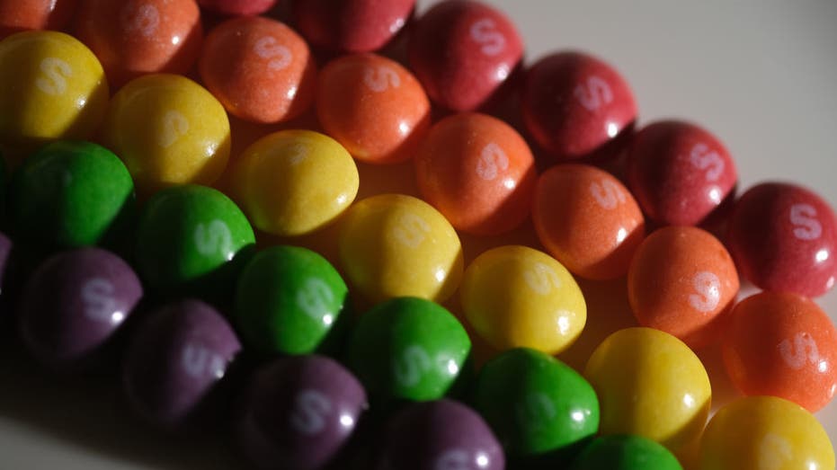 Skittles' candy lined up