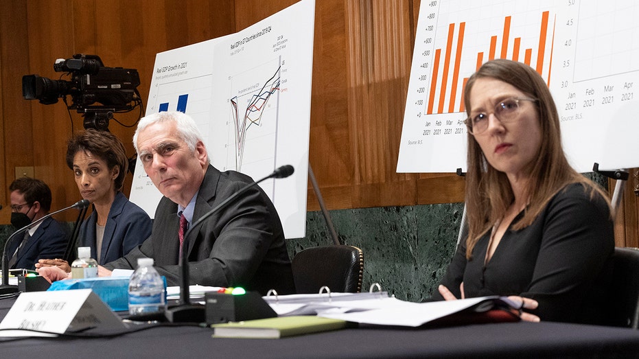 Jared Bernstein and Cecilia Rouse testifying in front of economic charts