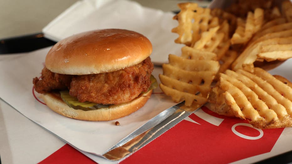 A chicken sandwich with waffle fries