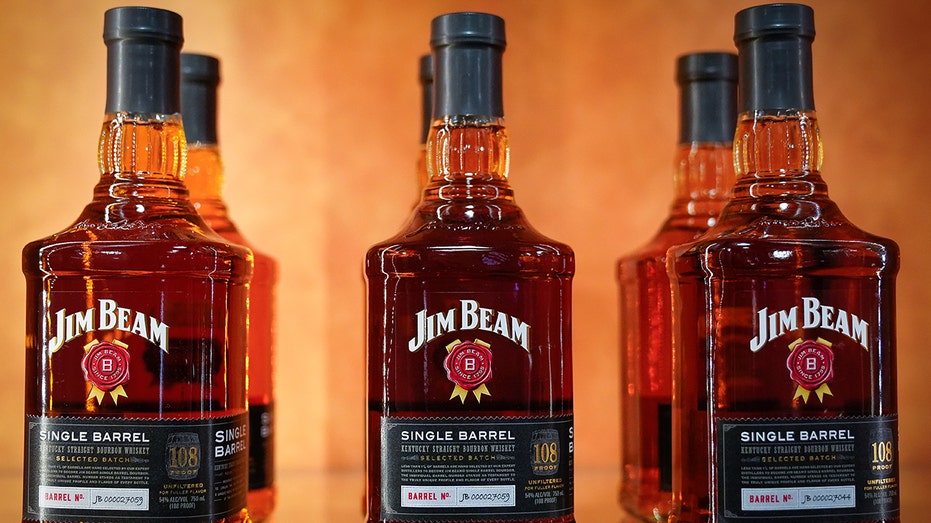 Jim Beam bourbon bottles lined up