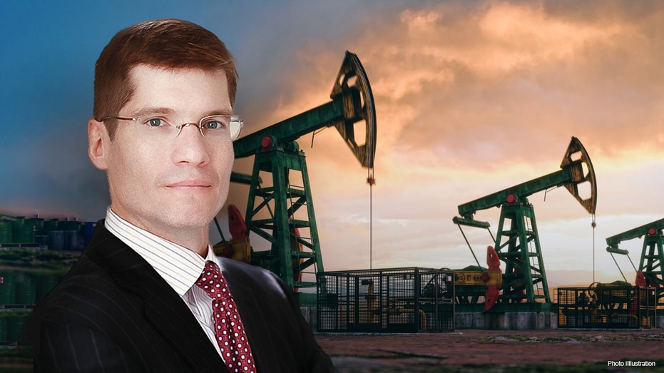 A photo illustration showing Stephen Schork in front of oil rigs