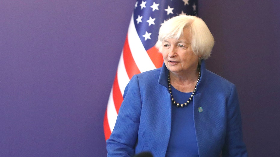 Treasury Secretary Janet Yellen in front of an American flag