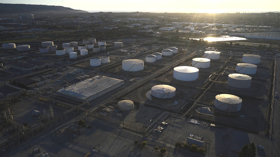 Oil storage tanks are pictured in Torrance, California