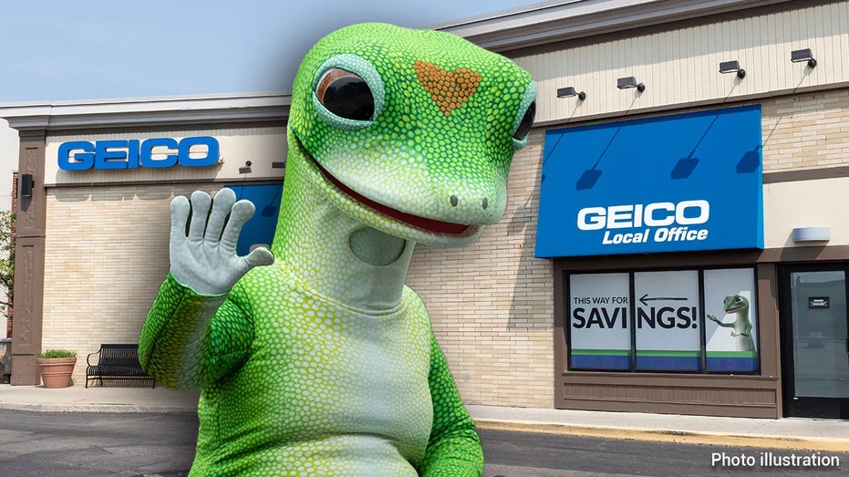 The GEICO insurance lizard mascot is pictured in a photo illustration in front of a GEICO store