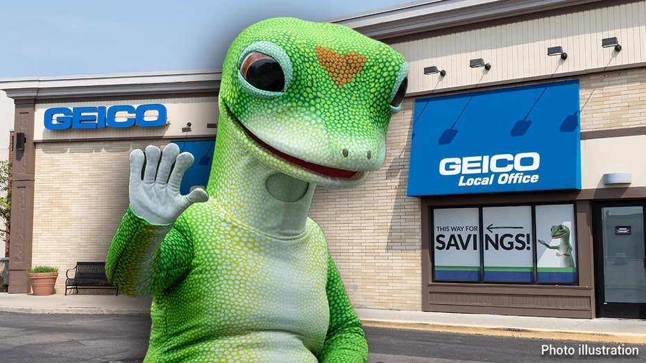 The GEICO insurance lizard mascot is pictured in a photo illustration in front of a GEICO store