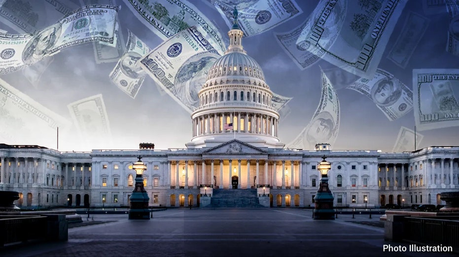 Money falling behind the U.S. Capitol in a photo illustration