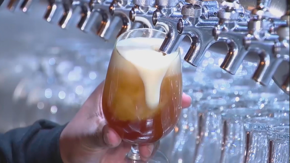 Hand holding glass under beer tap as beer flows into the glass