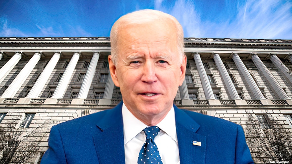 President Biden in a blue suit and tie