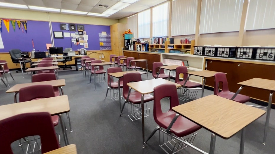 Empty desks in a classroom