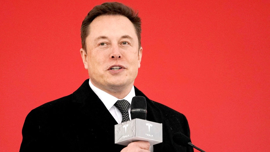 Elon Musk speaking into a microphone while wearing a suit and tie