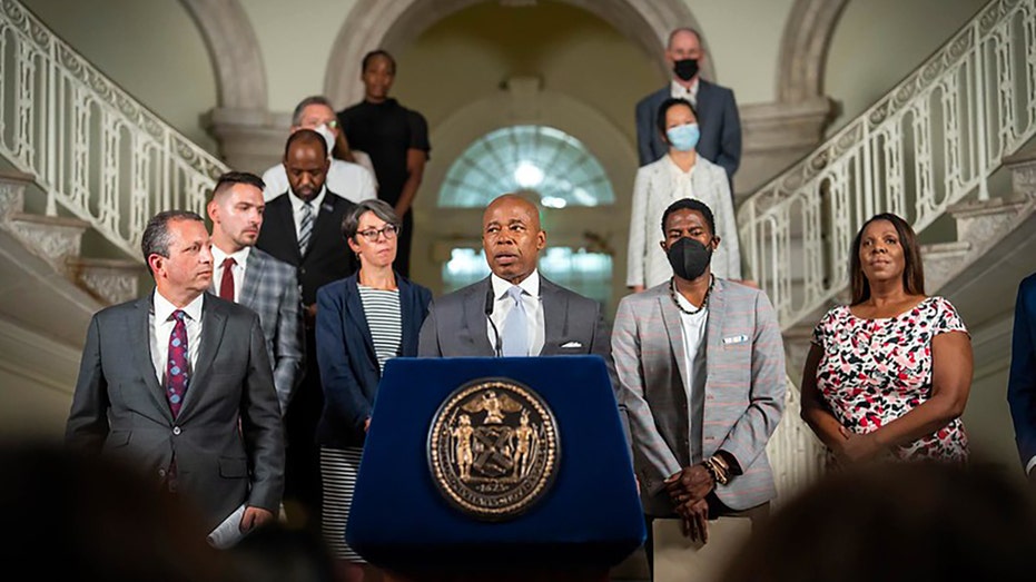 New York City Mayor Eric Adams at a press conference