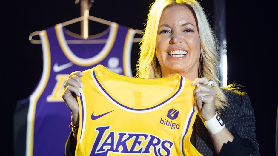Jeanie Buss with Lakers jersey