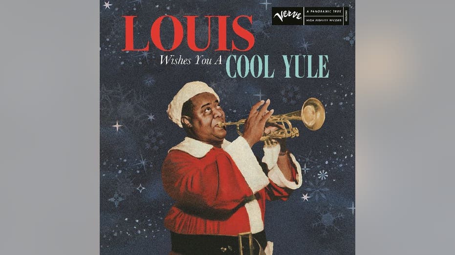 Louis Armstrong Christmas album cover, "Louis Wishes You A Cool Yule," shows the singer playing the trumpet in a Santa costume.