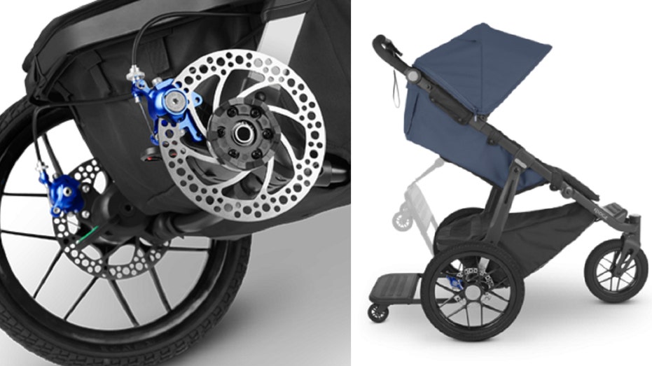 Recalled UPPAbaby All-terrain RIDGE Jogging Stroller and disc brakes seen in combined image