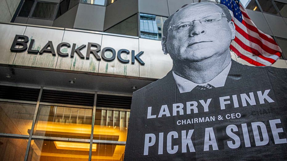 protest placard outside BlackRock building