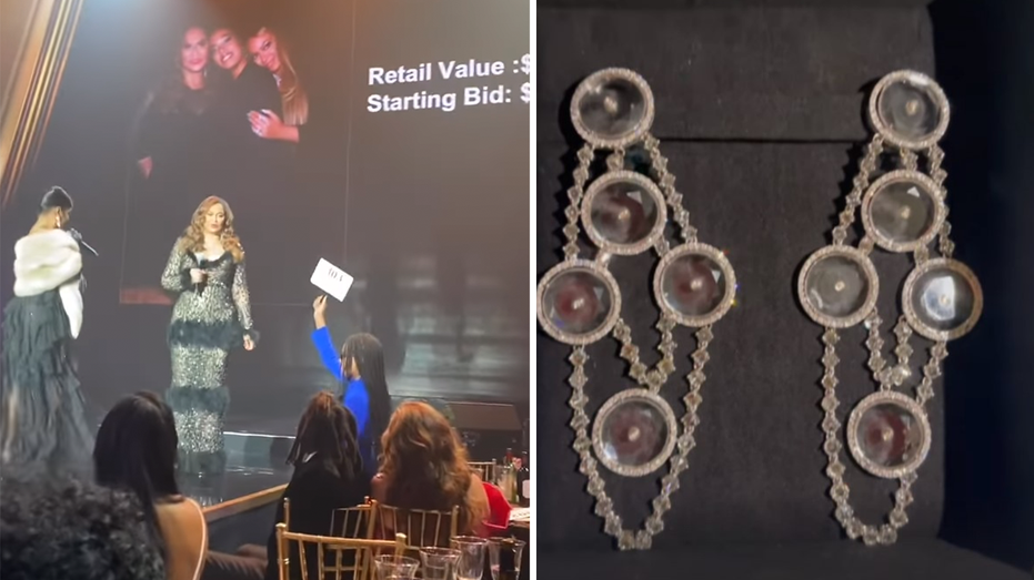 Split image of the earrings and Blue Ivy bidding