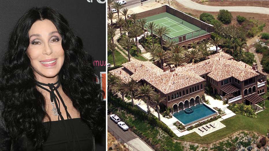 Side-by-side photo of Cher and her former California mansion