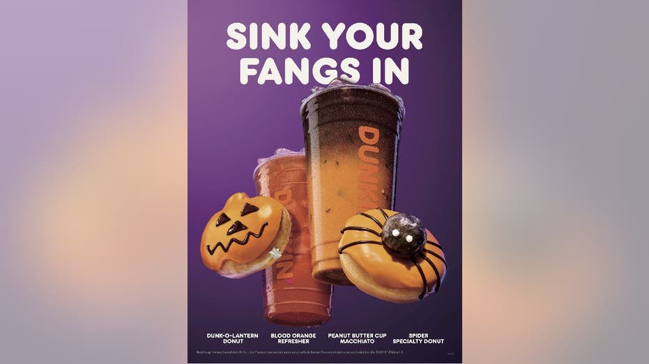 Dunkin' Halloween Lineup: Dunk-o-Lantern Donut, Spider Donut, Peanut Butter Macchiato, and Dunkin' Blood Orange Refreshment