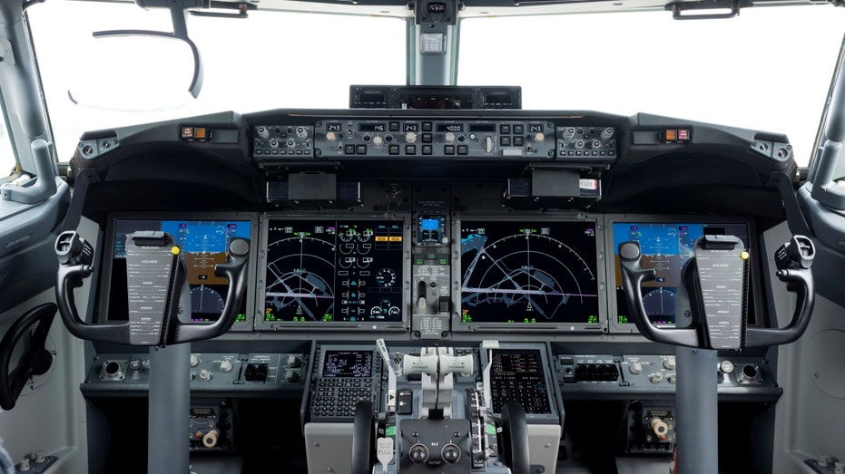 Interior of a cockpit of a Boeing 737 Max 10 airliner