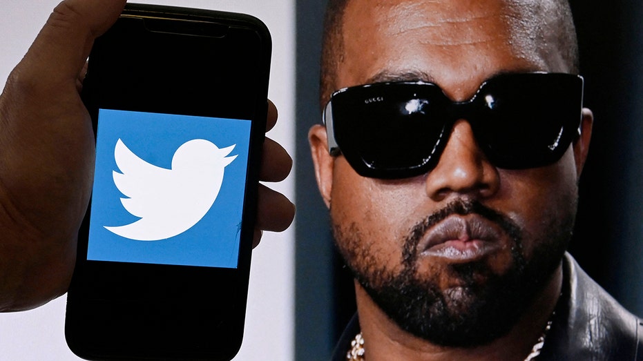 A split photo of the Twitter logo with Kanye West