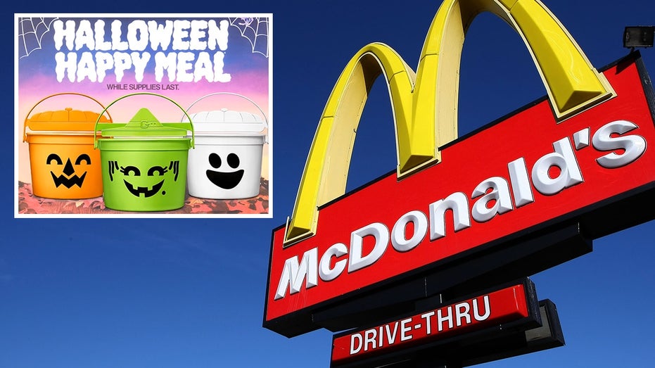A photo illustration featuring a McDonald’s sign with the new Happy Meal buckets