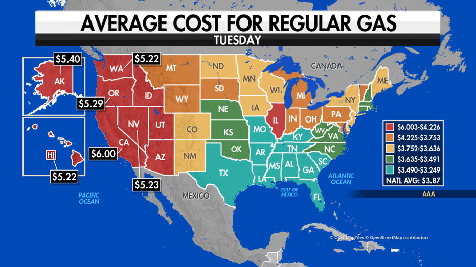 Map showing gas prices across the U.S.