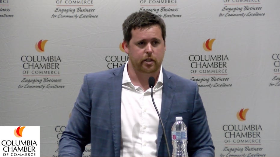 Missouri State Treasurer Scott Fitzpatrick speaks with the Columbia, Missouri Chamber of Commerce in 2019.