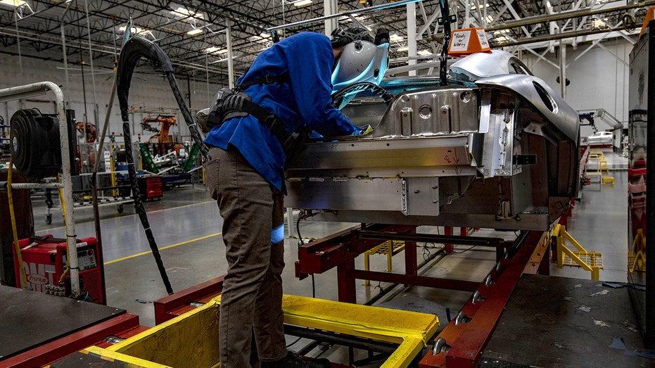 Production line at an electric vehicle plant in California