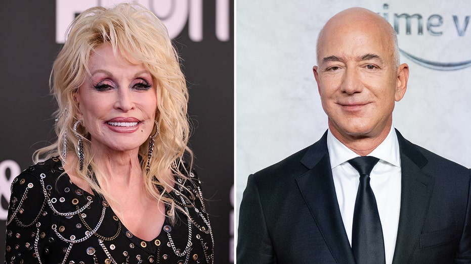 Dolly Parton smiles for a photo in a black sparkly dress split Jeff Bezos in a black suit and tie