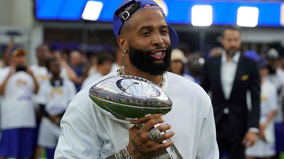 Odell Beckham Jr holds the Lombardi Trophy