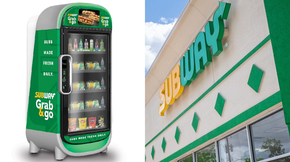 Subway 'Grab and Go' sandwich vending machine next to photo of a real Subway location