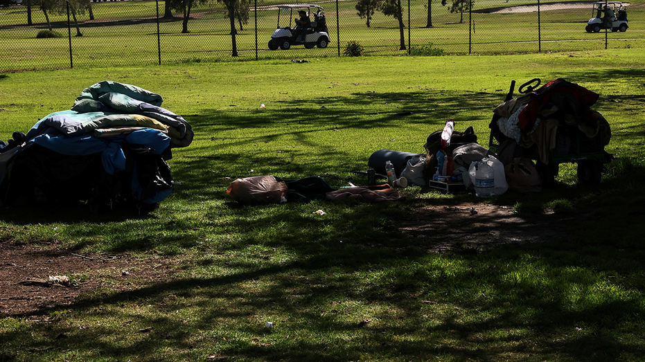 Homeless encampment outside a golf course in Long Beach, California