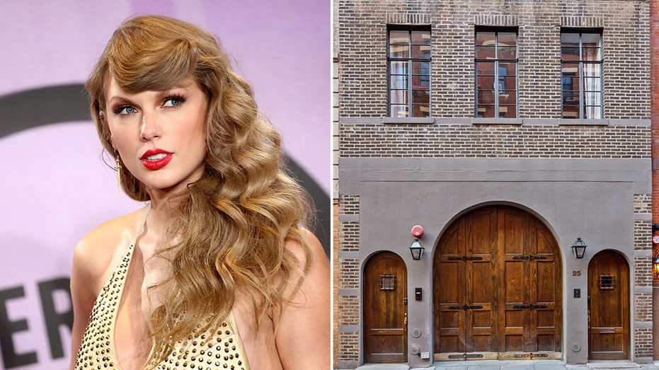 Taylor Swift split image next to New York City townhome