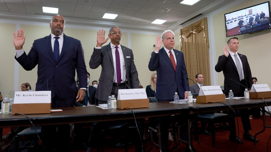 Kevin Chambers, Director of Covid-19 Fraud Enforcement, Department of Justice;  Hannibal "Mike" Ware, Inspector General, Small Business Administration;  Michael Horowitz, Chair, Pandemic Response Accountability Committee;  and Roy D. Dotson Jr., Acting Special Agent, National Pandemic Fraud Recovery Coordinator, United States Secret Service