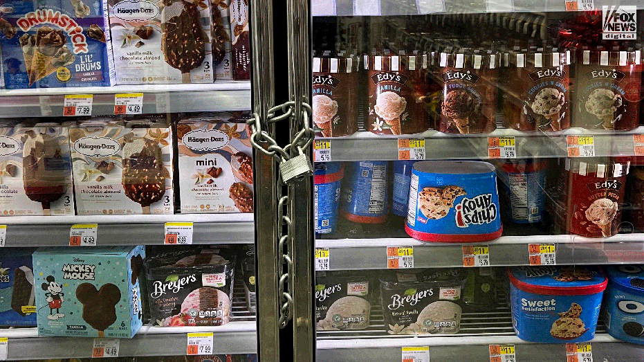 Ice cream locked in a freezer in a store