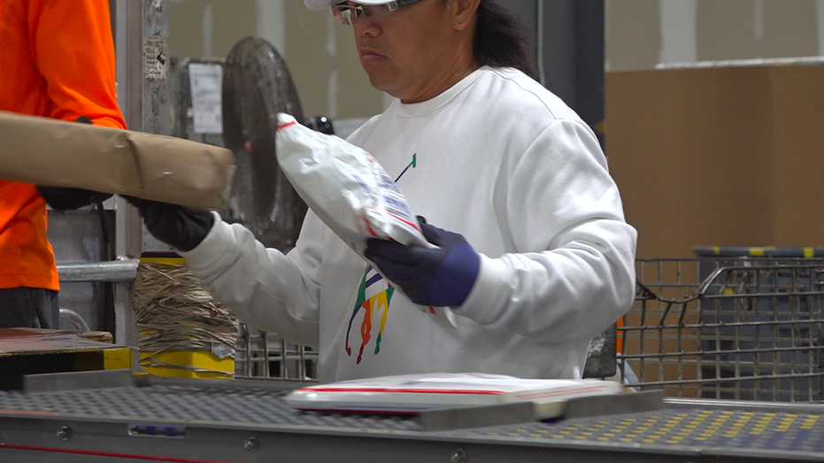 A postal worker wearing gloves putting packages onto a conveyor belt