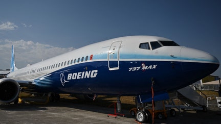 A Boeing 737 Max is displayed during the Farnborough Airshow, in Farnborough, on July 18, 2022. 