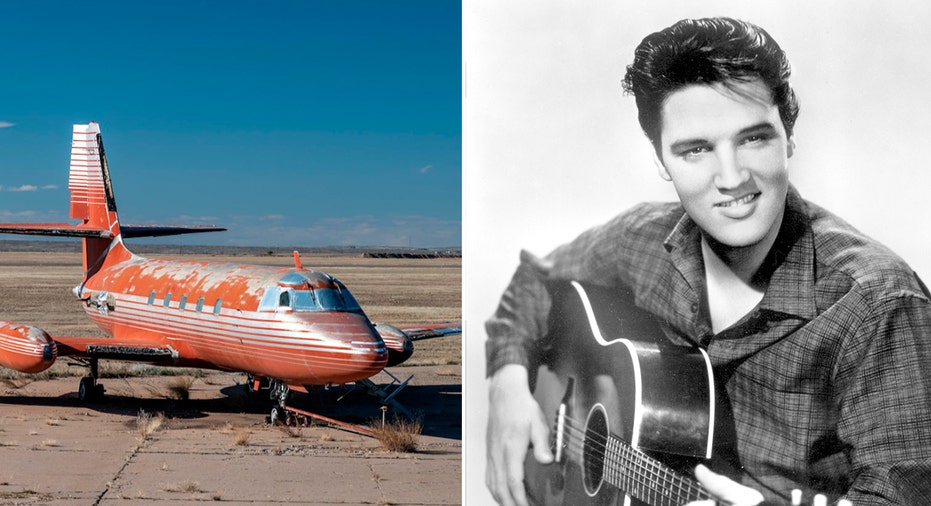1962 Lockheed 1329 Jetstar next to Elvis Presley with guitar