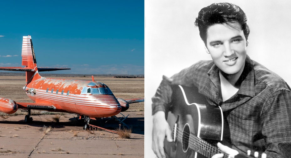 1962 Lockheed 1329 Jetstar next to Elvis Presley with guitar