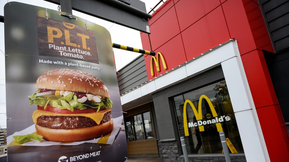 Sign promoting McDonald's "PLT" burger with a Beyond Meat plant-based patty at one of 28 test restaurant locations in London, Ontario