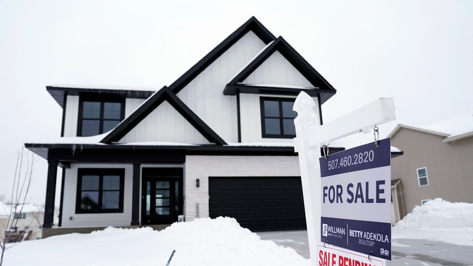 For sale sign with home in snow