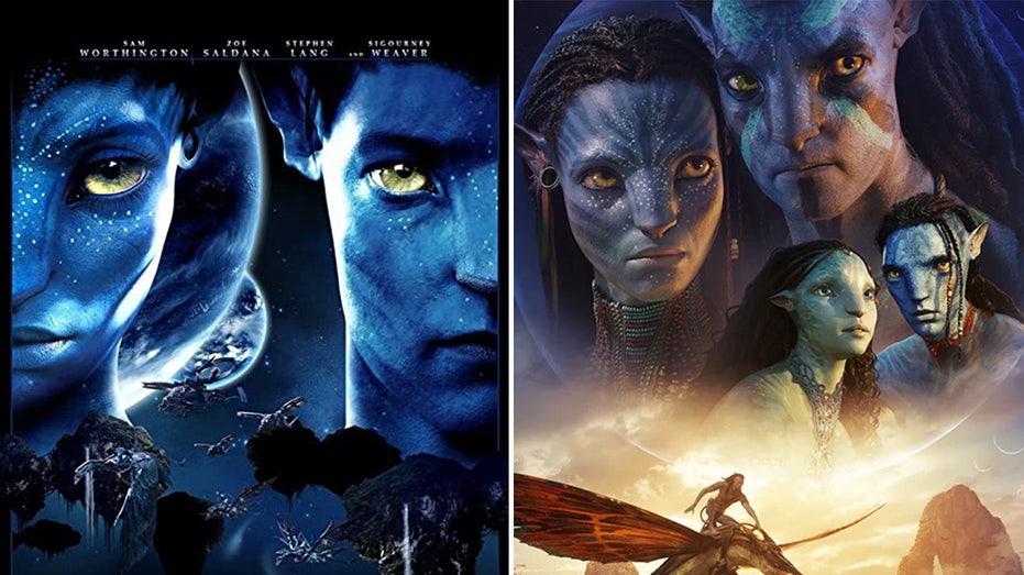 "Avatar" poster from the 2009 film split 2022 "Avatar: The Way of Water" poster 