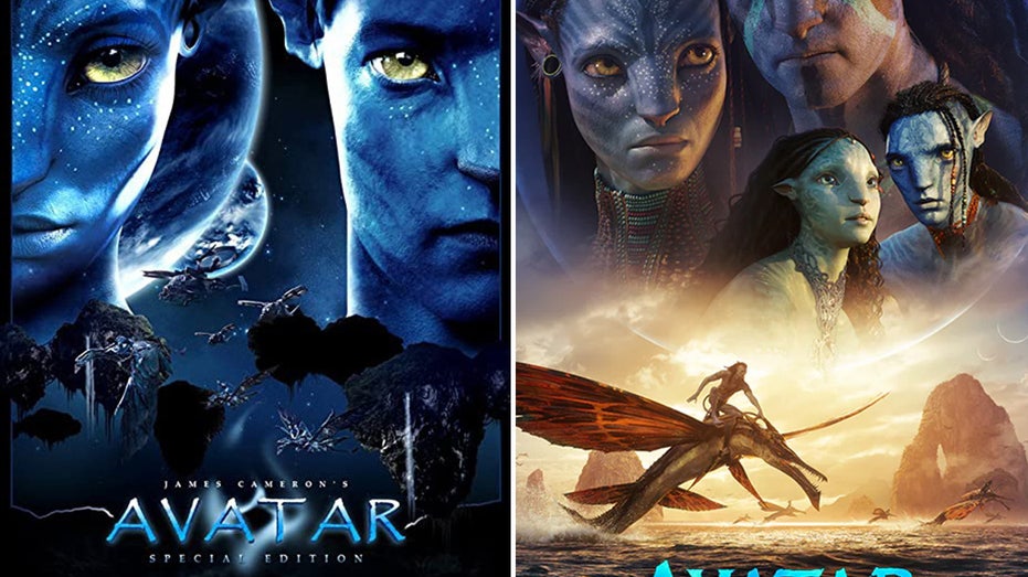 "Avatar" poster from the 2009 film split 2022 "Avatar: The Way of Water" poster 