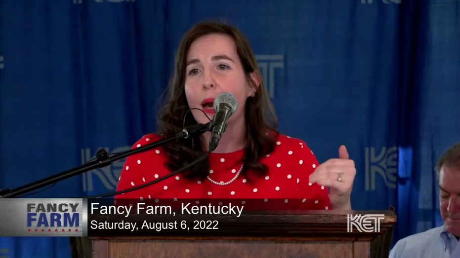 Republican Kentucky State Treasurer Allison Ball delivers remarks
