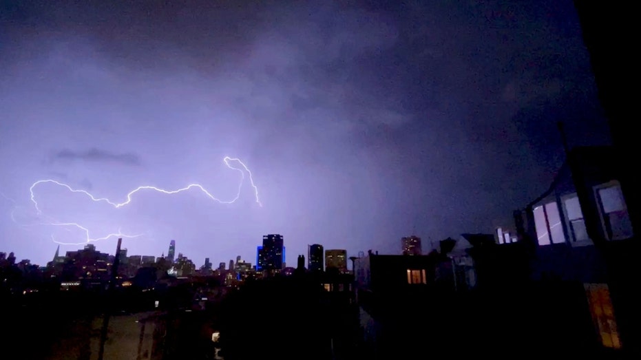 Lightning strikes above buildings in San Francisco, California