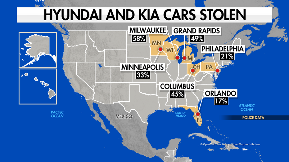 Map of US highlighting stolen Hyundais and Kias