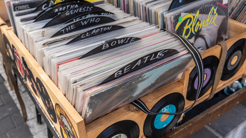 Vinyl records sitting in bin