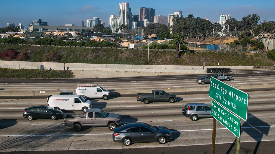 Cars drive on the San Diego Freeway